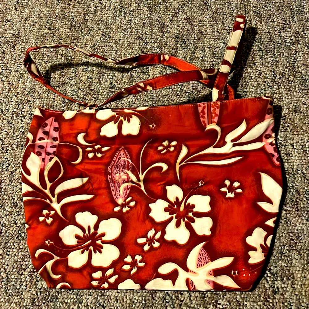 Red flowered Hawaiian themed tote bag